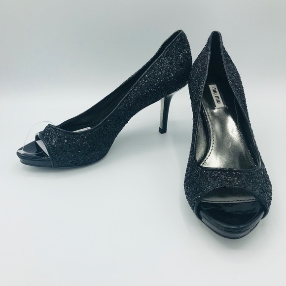 Miu Miu Shoes - NWT MIU MIU PRADA BLACK GLITTERY PEEP TOES PUMPS